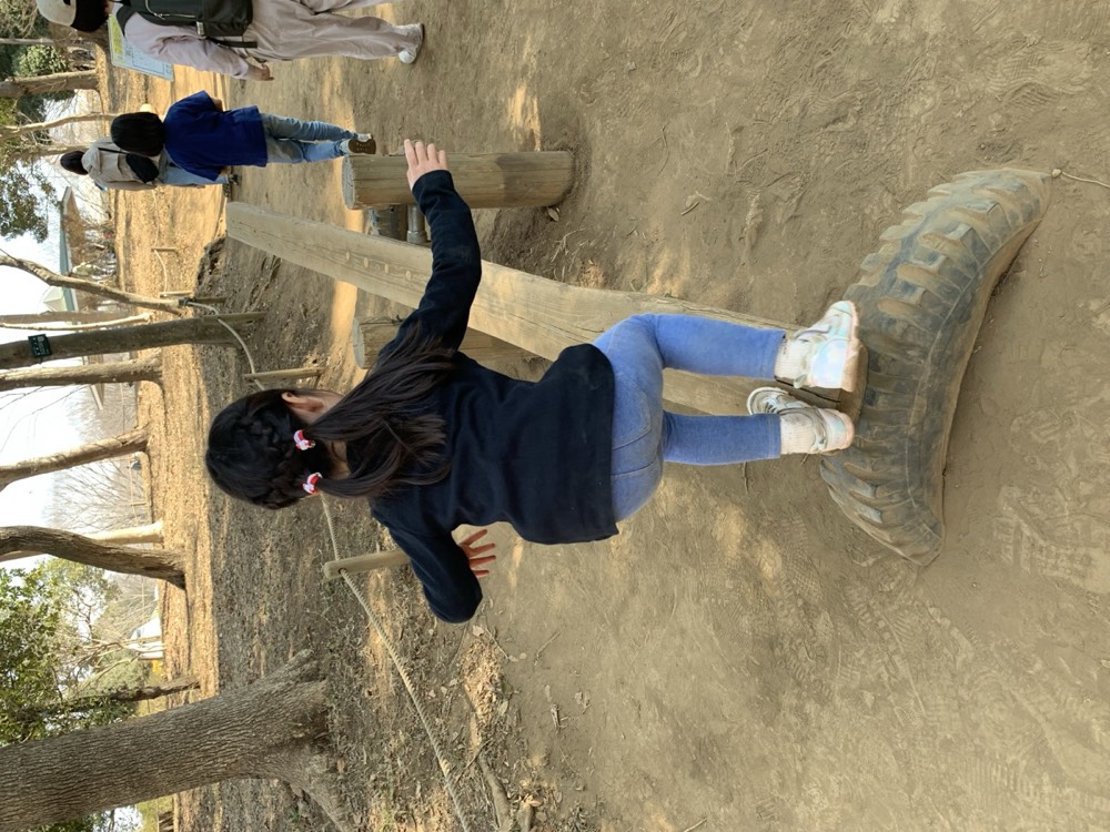A child climbing over a tire obstacle on one of the park's four obstacle courses