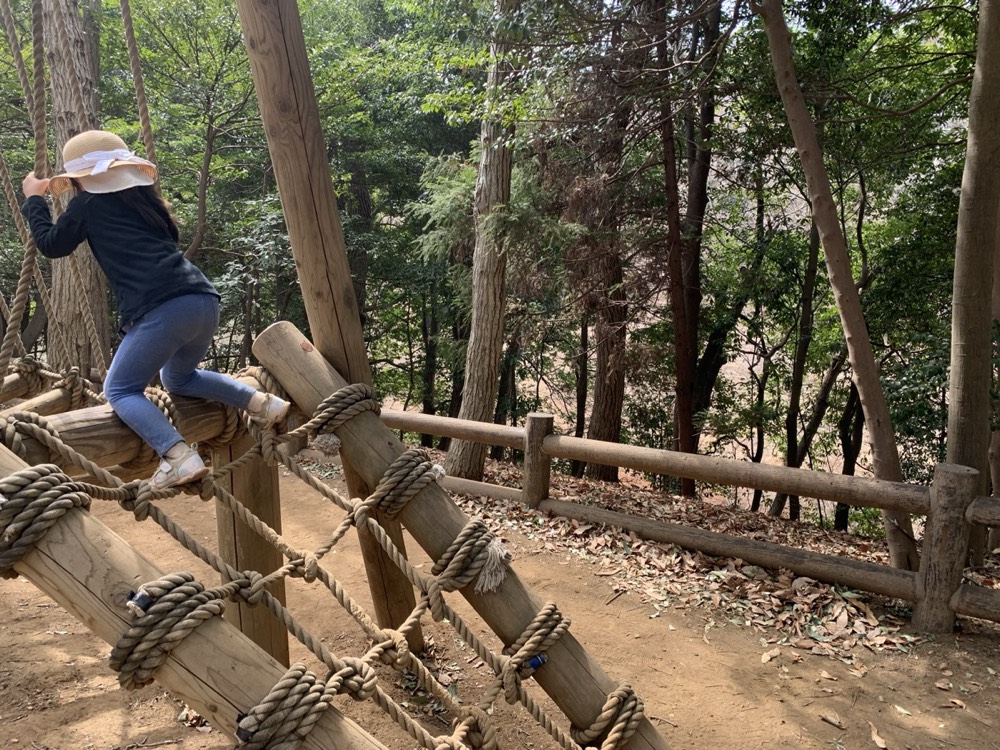 A child crossing a rope bridge on the obstacle course, one of the trickier elements