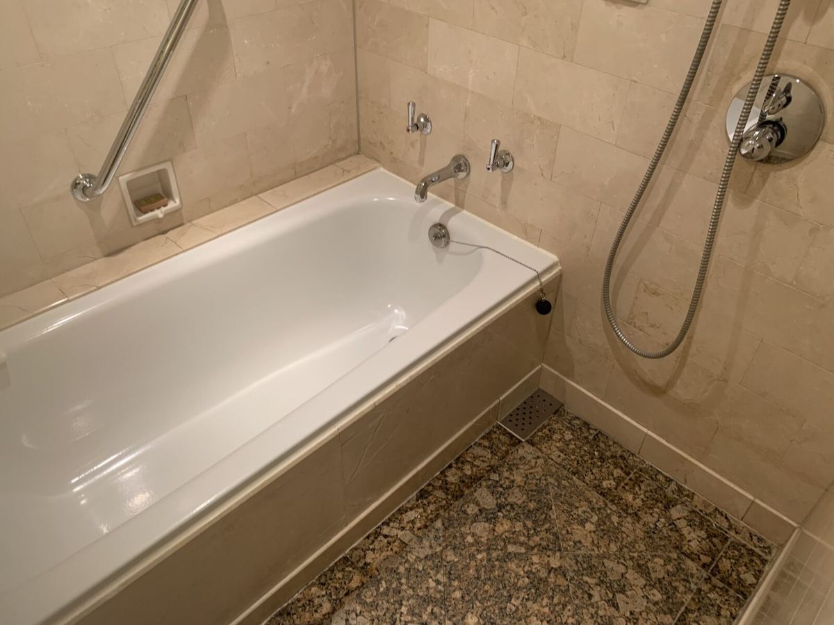 The room's bathtub with a handheld shower, big enough for a parent and child to bathe together