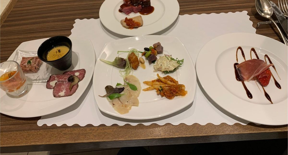 A plated selection from the dinner buffet at Hilton Tokyo Odaiba