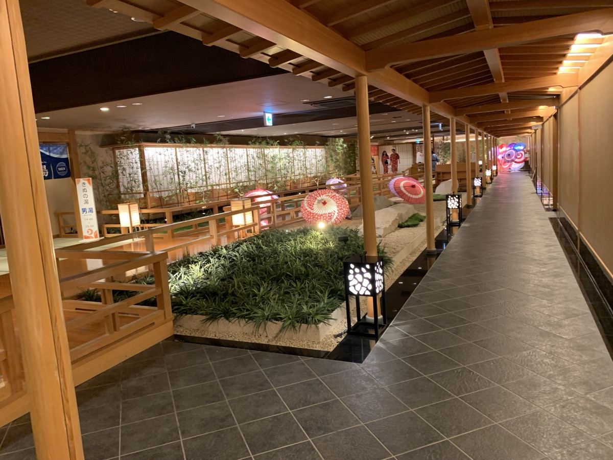 The lantern-lit garden corridor leading to the Kinu-no-Yu baths, decorated with Japanese umbrellas