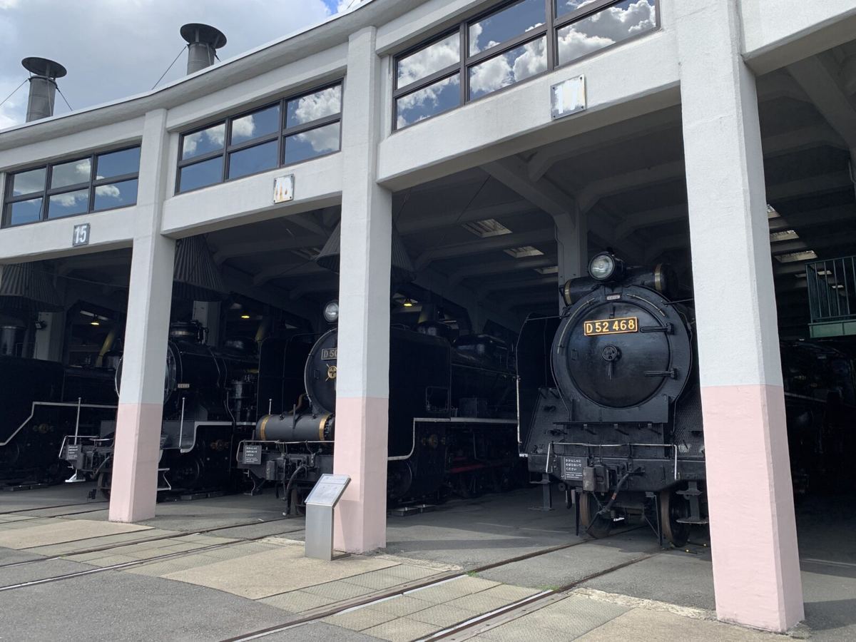 Steam locomotives lined up in the roundhouse at the Kyoto Railway Museum