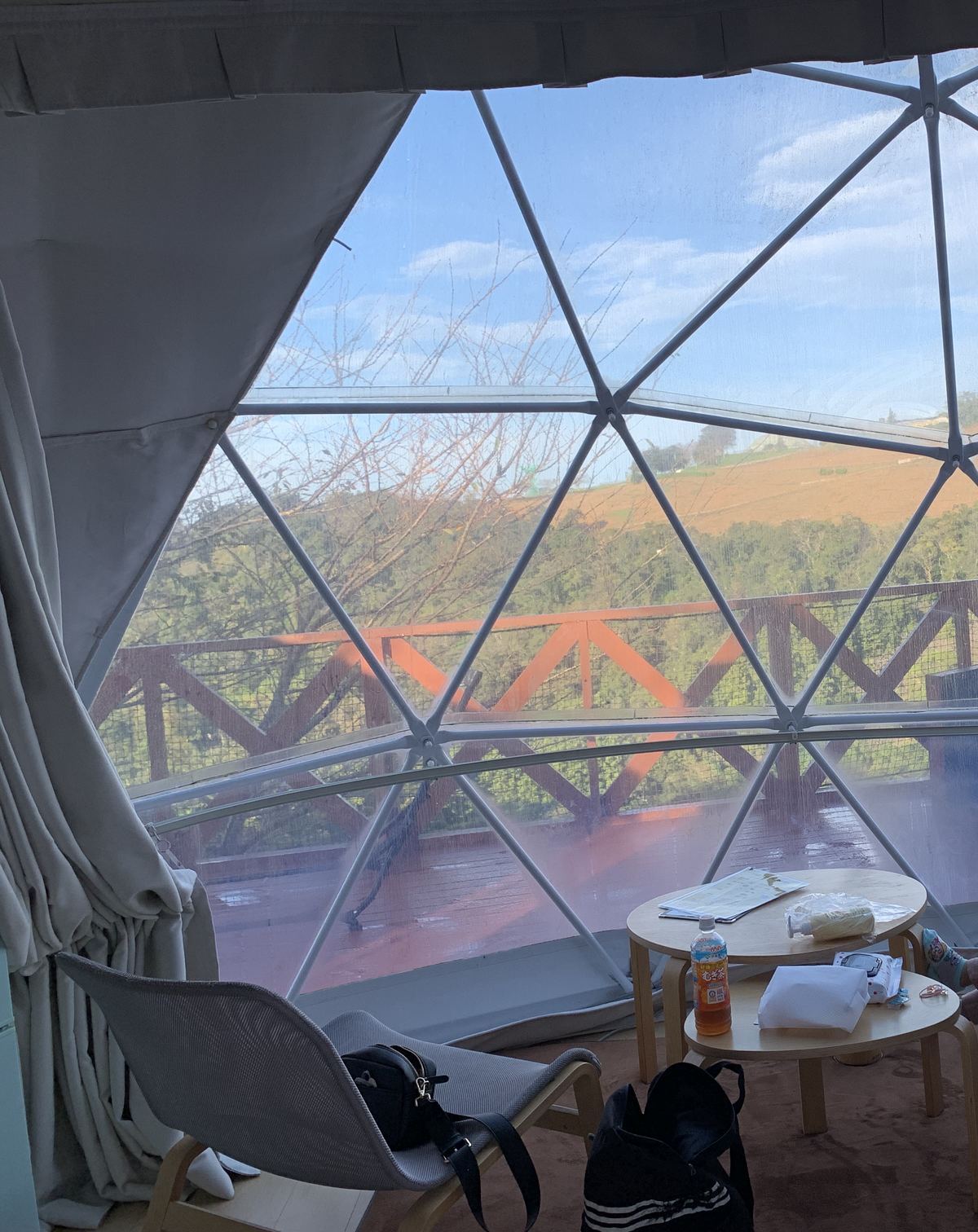 Inside the geodesic glamping dome — a mesh lounge chair, a low wooden table with drinks, and the hillside view through the transparent dome wall
