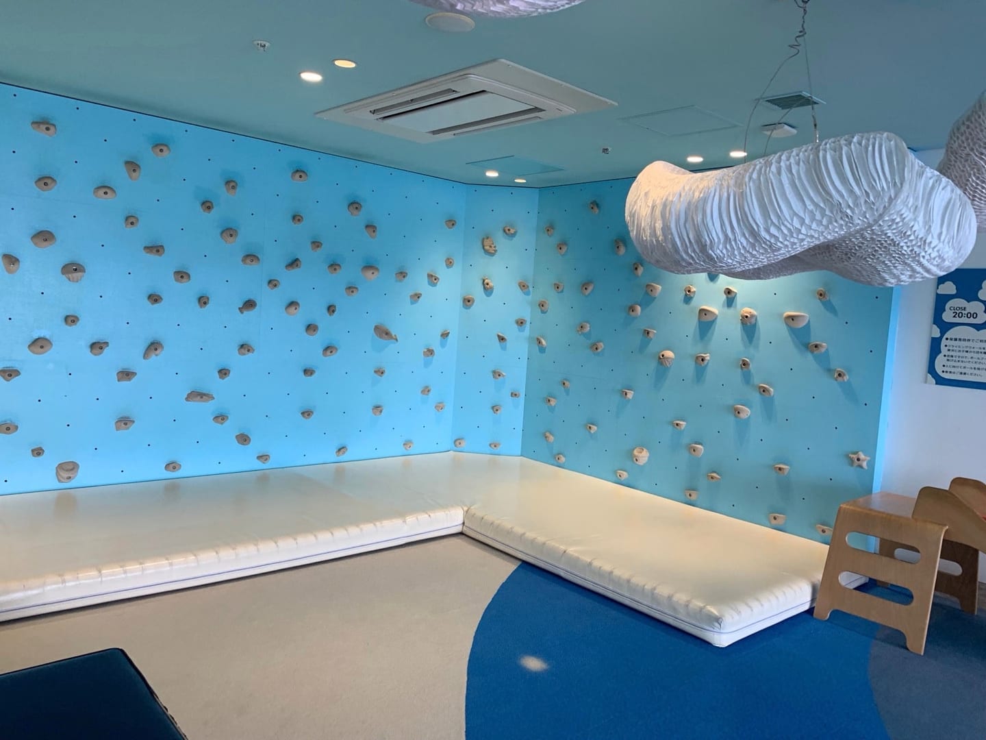 Blue climbing walls and padded flooring in the kids' room