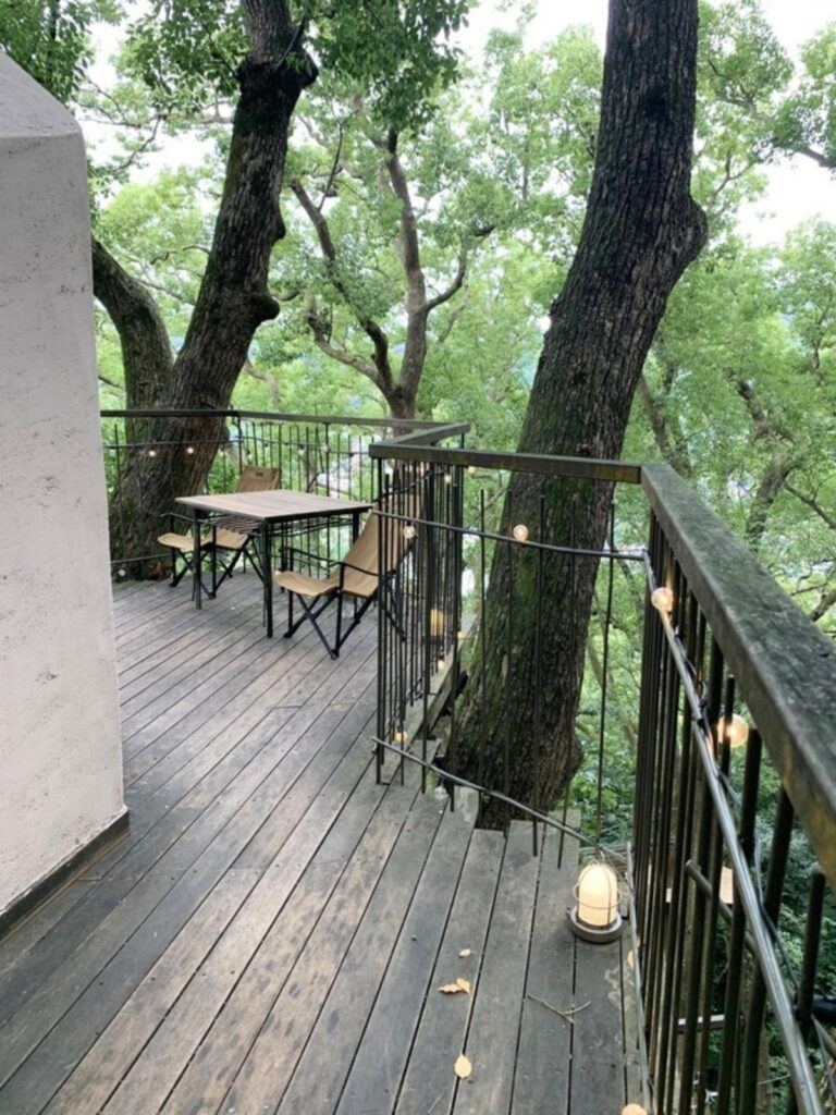 The treehouse decks and stairs among the trees by day